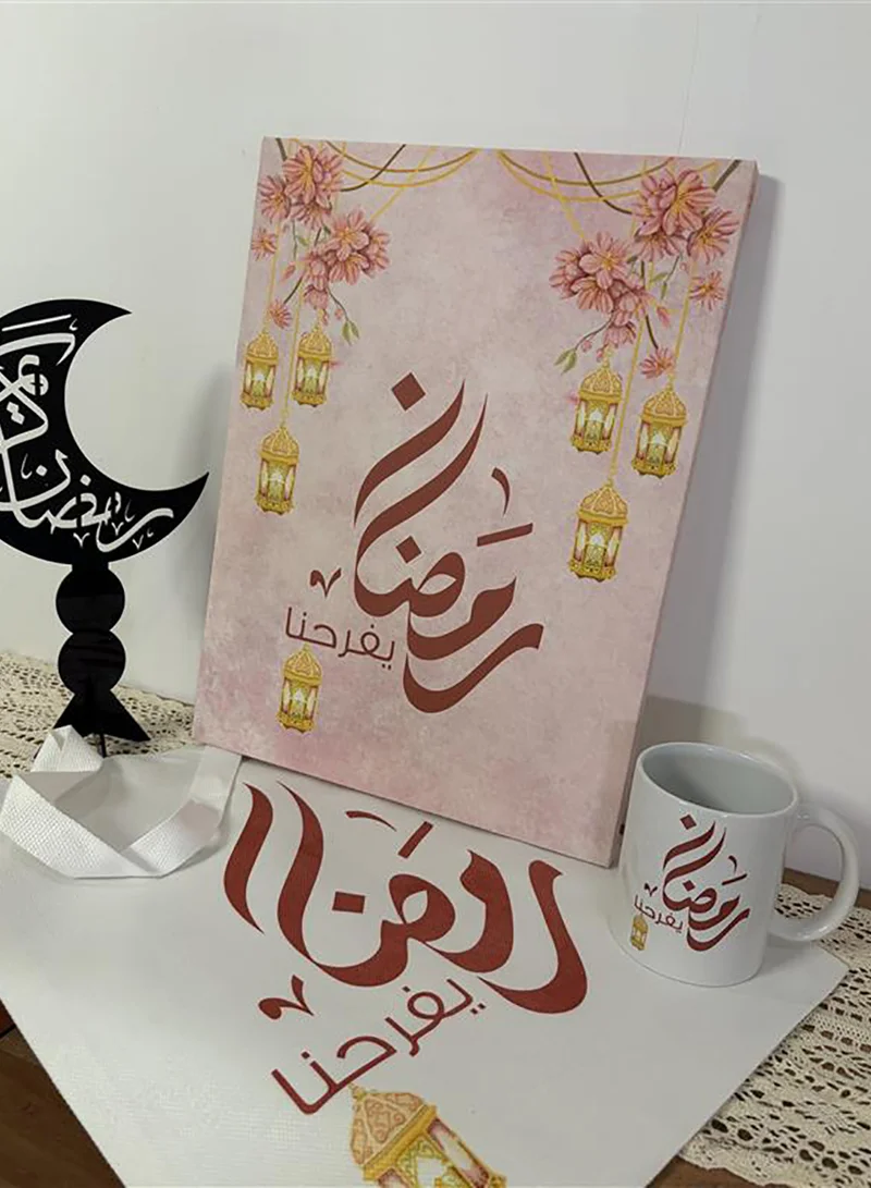 LOWHA Ramadan Gift Set of 4 Items Includes Canvas Wall Art, Decorative Stand, Mug and Tote Bag
